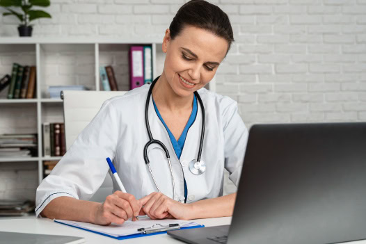 Uma mulher de jaleco branco está escrevendo em um bloco de notas.